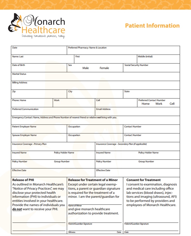 Monarch Healthcare Patient Information Form